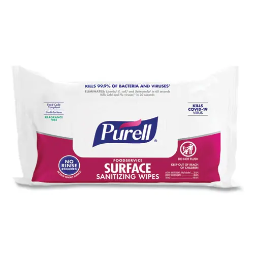 PURELL® Foodservice Surface Sanitizing Wipes, Fragrance-Free, White, 72 Wipes/Pouch, 12 Pouches/Carton