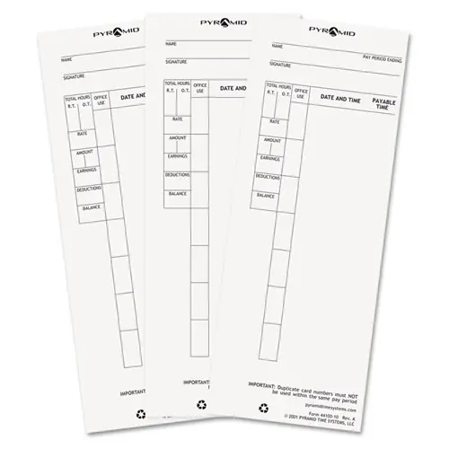 Pyramid Technologies Time Clock Cards for Pyramid Technologies 4000, One Side, 3.5 x 8.5, 100/Pack