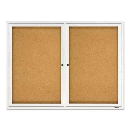 Quartet® Enclosed Indoor Cork Bulletin Board with Two Hinged Doors, 48" x 36", Tan Surface, Satin Aluminum Frame