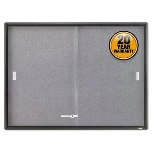 Quartet® Enclosed Indoor Cork/Fabric Bulletin Board with 2 Sliding Glass Doors, Gray Surface, Graphite Gray Aluminum Frame, 48" x 36"