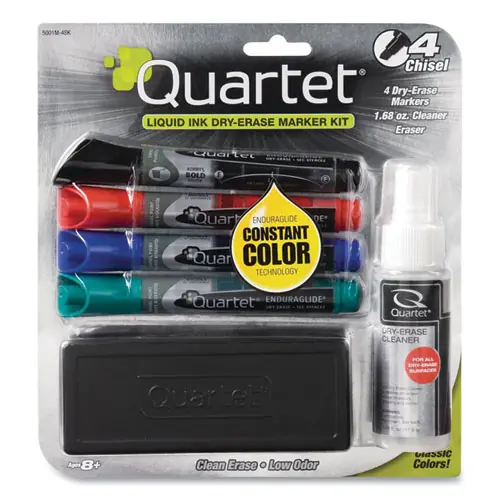 Quartet® EnduraGlide Dry Erase Marker Kit with Cleaner and Eraser, Broad Chisel Tip, Assorted Colors, 4/Pack