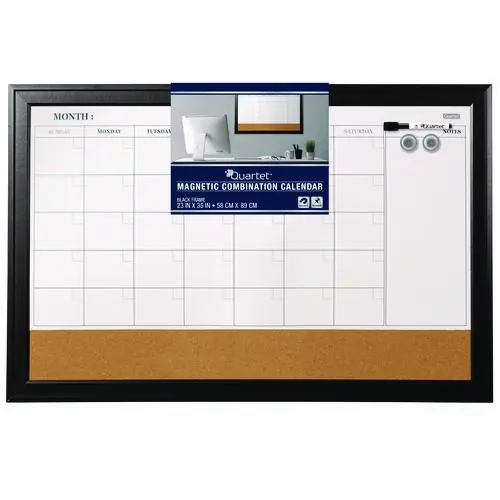 Quartet® Magnetic Combination Board Calendar, Monthly Planning/Scheduling, Tan/White Surface, Black Wood Frame