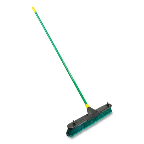 Quickie® Bulldozer Multisurface Pushbroom with Scraper Block, 24" Brush, 60" Steel Handle, Green/Black/Yellow