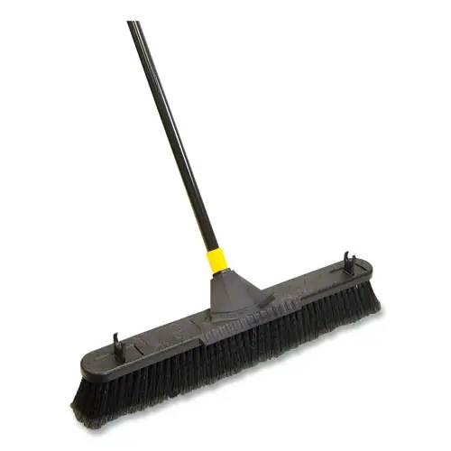 Quickie® Bulldozer Smooth Surface Pushbroom with Scraper Block - 24" Brush, 60" Powder-Coated Steel Handle, Black/Yellow