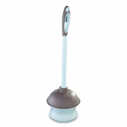 Quickie® Plastic Toilet Plunger and Caddy with Microban, 16" Plastic Handle, 6.5" dia, White/Taupe
