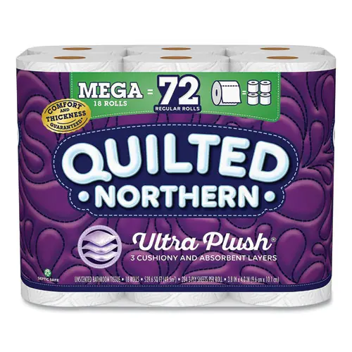 Quilted Northern® Ultra Plush Bathroom Tissue, Mega Rolls, Septic Safe, 3-Ply, White, 18 Rolls/Carton