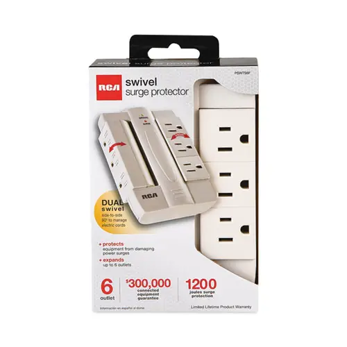 RCA® 6 Outlet Swivel Surge Protector, 6 AC Outlets, 1,200 J, White