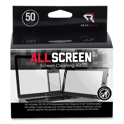 Read Right® AllScreen Cleaning Kit with Microfiber Cloth and 50 Pre-Saturated Wipes, Unscented, White