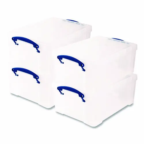 Really Useful Box® Snap-Lid Storage Bin, 2.37 gal, 10.25" x 14.5" x 6.25", Clear/Blue, 4/Pack