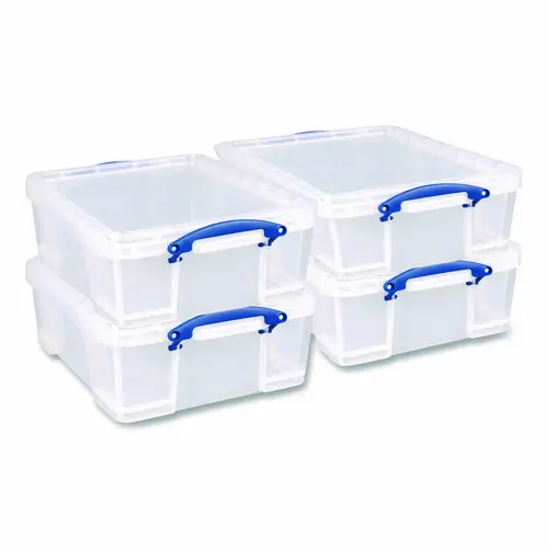 Really Useful Box® Snap-Lid Storage Bin, 4.49 gal, Clear/Blue, 4/Pack