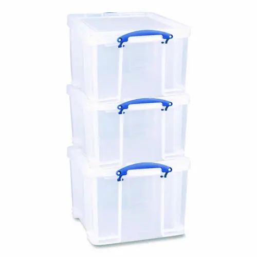 Really Useful Box® Snap-Lid Storage Bin, 8.45 gal, 14" x 18" x 12.25", Clear/Blue, 3/Pack