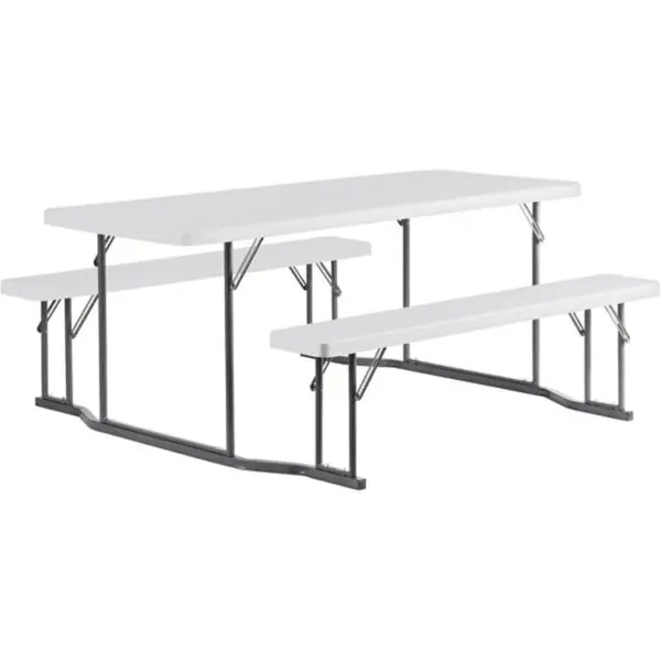 Rectangular White Plastic Folding Picnic Table with Attached Benches