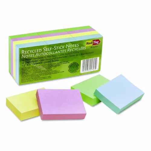 Redi-Tag® 100% Recycled Self-Stick Notes, Assorted Pastel Colors, 1.5" x 2", 100 Sheets/Pad, 12 Pads/Pack