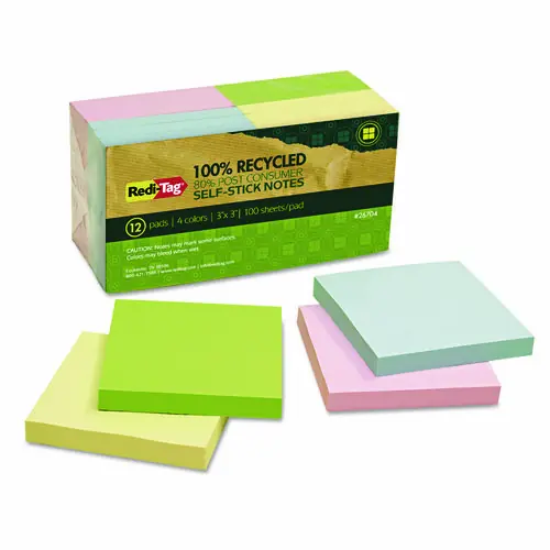 Redi-Tag® 100% Recycled Self-Stick Notes, Assorted Pastel Colors, 3" x 3", 100 Sheets per Pad, 12 Pads per Pack