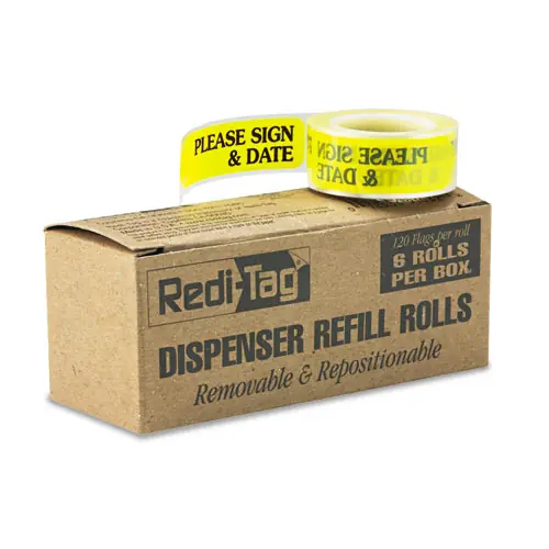 Redi-Tag® Arrow Message Page Flag Refills, "Please Sign and Date", Yellow, 120 Flags per Roll, 6 Rolls