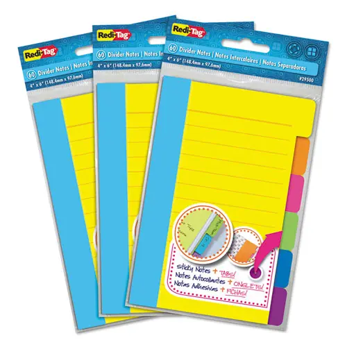 Redi-Tag® Divider Sticky Notes, 6-Tab Sets, Note Ruled, 4" x 6", Assorted Colors, 60 Sheets/Set, 3 Sets/Box