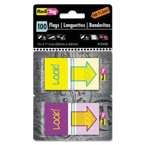 Redi-Tag® Pop-Up Fab Page Flags w/Dispenser, "Look!", Purple/Yellow; Yellow/Teal, 100/Pack