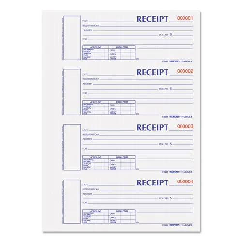 Rediform® Durable Hardcover Numbered Money Receipt Book, Two-Part Carbonless, 6.88 x 2.75, 4 Forms/Sheet, 300 Forms Total