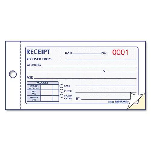 Rediform® Small Money Receipt Book, Two-Part Carbonless, 2.75 x 5, 50 Forms Total