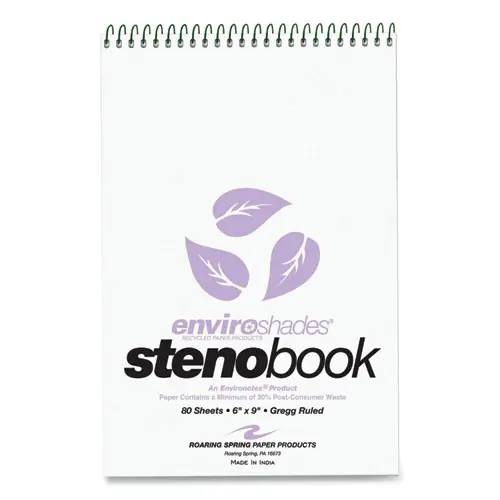 Roaring Spring® Enviroshades Steno Notepad, Gregg Rule, White Cover, 80 Orchid Sheets, 6" x 9", 4/Pack