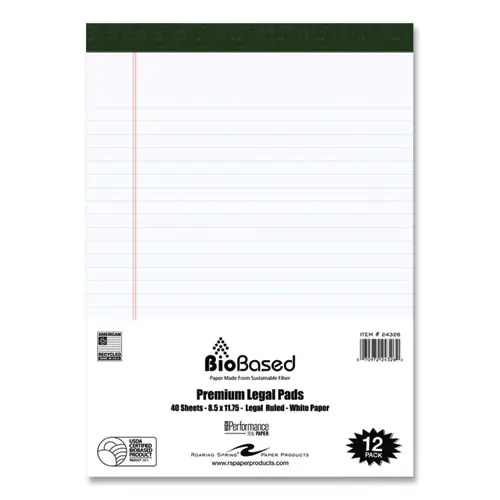 Roaring Spring® USDA Certified Bio-Preferred Legal Pad, Wide/Legal Rule, 40 White Sheets, 8.5" x 11.75", Pack of 12