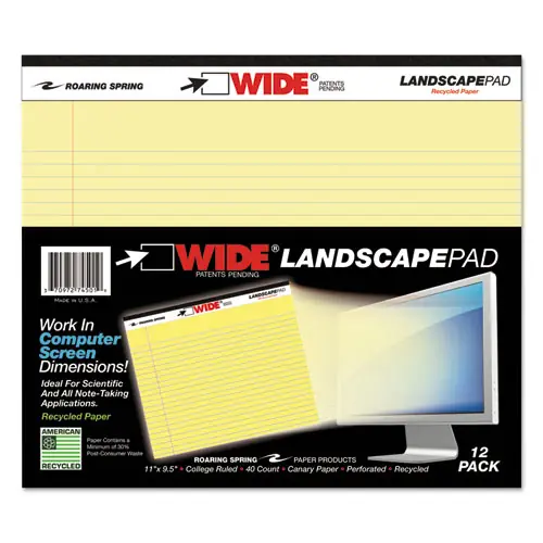 Roaring Spring® WIDE Landscape Format Writing Pad, Medium/College Rule, 40 Sheets, Canary-Yellow, 11 x 9.5 Inches, Unpunched with Standard Back