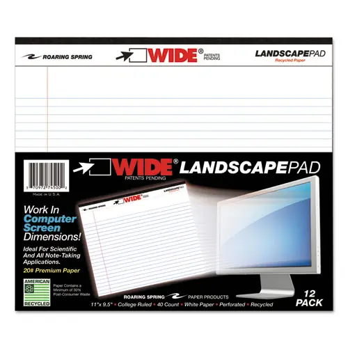Roaring Spring® WIDE Landscape Format Writing Pad, Unpunched with Standard Back, Medium/College Rule, 40 White 11 x 9.5 Sheets