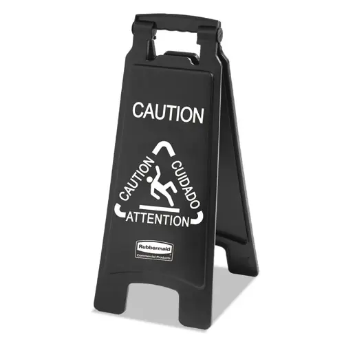 Rubbermaid® Commercial Executive 2-Sided Multi-Lingual Caution Sign, Black/White