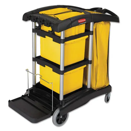 Rubbermaid® Commercial HYGEN™ Microfiber Healthcare Cleaning Cart, Plastic, 3 Shelves, 5 Bins, Yellow/Black/Silver