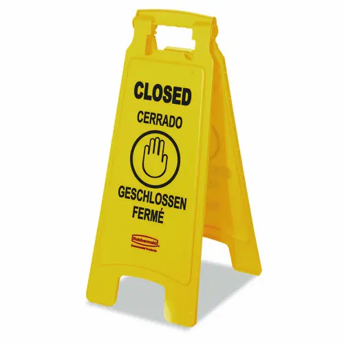 Rubbermaid® Commercial Multilingual "Closed" Sign, 2-Sided, Yellow