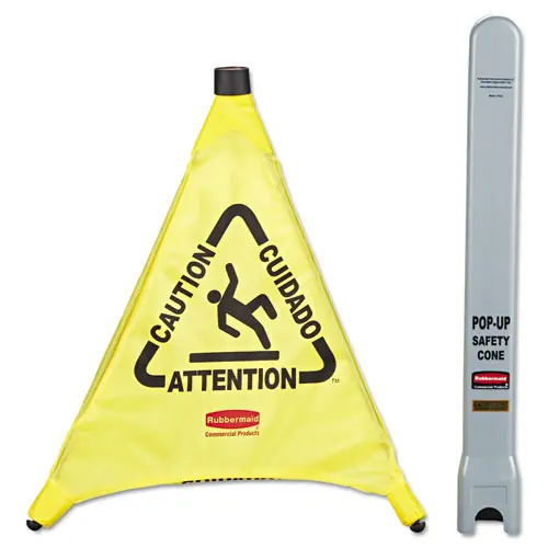 Rubbermaid® Commercial Multilingual Pop-Up Safety Cone, 3-Sided, Yellow