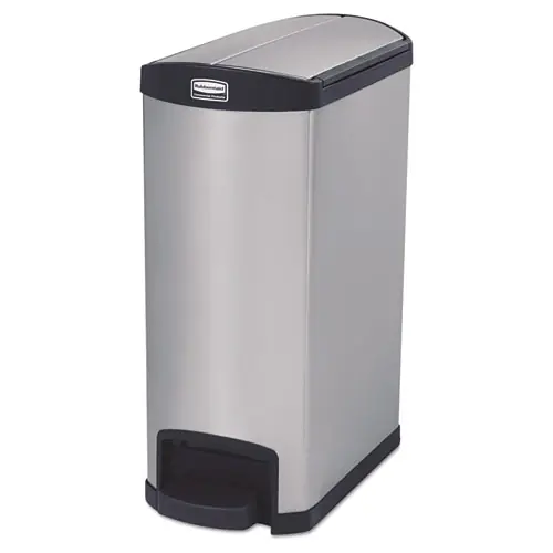 Rubbermaid® Commercial Slim Jim Stainless Steel Step-On Container, End Step Style, 13 gal, Stainless Steel, Black