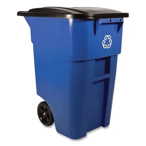 Rubbermaid® Commercial Square Brute Recycling Rollout Container, 50 gal, Plastic, Blue