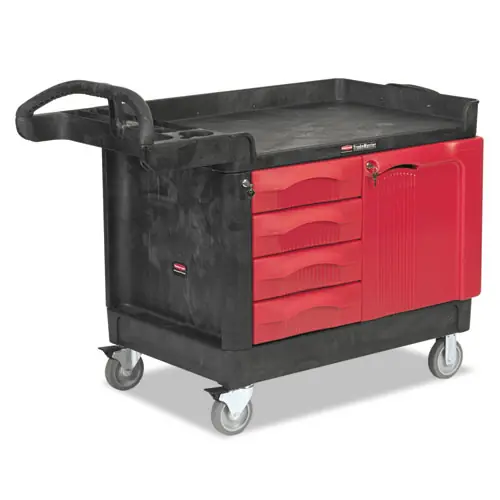 Rubbermaid® Commercial TradeMaster Cart with One Door, 3 Shelves, 4 Drawers, 750 lb Capacity, Black, 26.25" x 49" x 38"