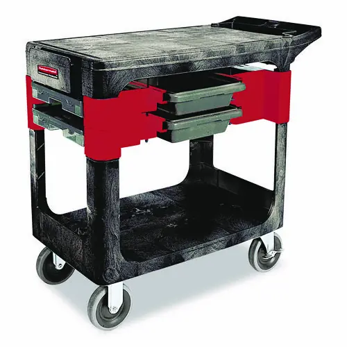 Rubbermaid® Commercial Two-Shelf Trades Cart, Plastic, Black, 2 Shelves, 2 Drawers, 330 lb Capacity