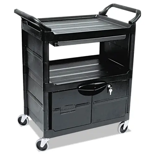 Rubbermaid® Commercial Utility Cart with Locking Doors, Black, 3 Shelves, 200 lb Capacity