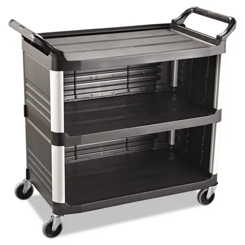 Rubbermaid® Commercial Xtra Utility Cart, Enclosed Sides & Back, 3 Shelves, 300 lb Capacity, Black