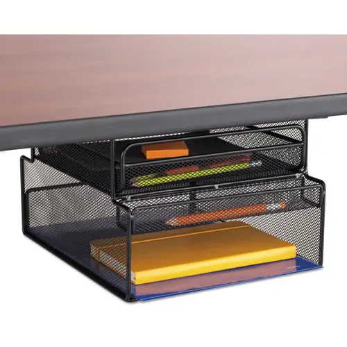 Safco® Onyx Hanging Organizer with Drawer, Under Desk Mount, 3 Compartments, Steel Mesh, Black