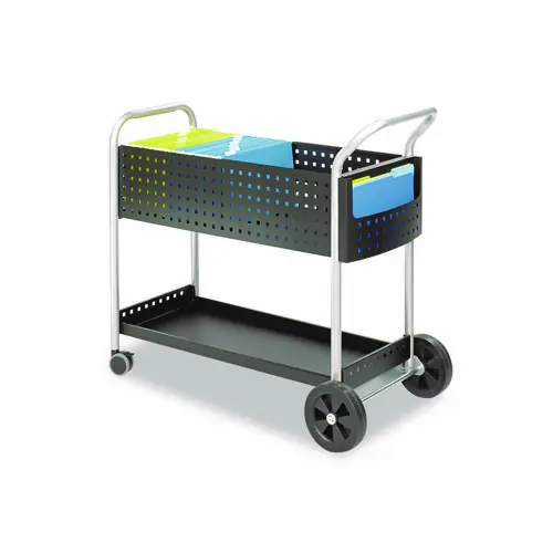Safco® Scoot Dual-Purpose Mail and Filing Cart, Metal, Black/Silver, 22.5"W x 39.5"D x 40.75"H, 1 Shelf, 2 Bins