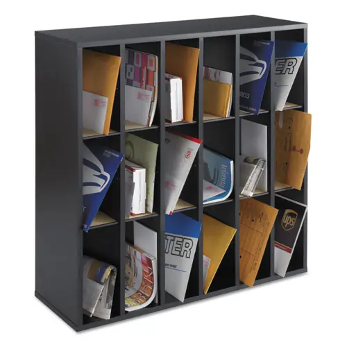 Safco® Wood Mail Sorter with Adjustable Dividers, Stackable, 18 Compartments, Black
