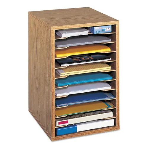 Safco® Wood Vertical Desktop Sorter, Medium Oak, 11 Compartments