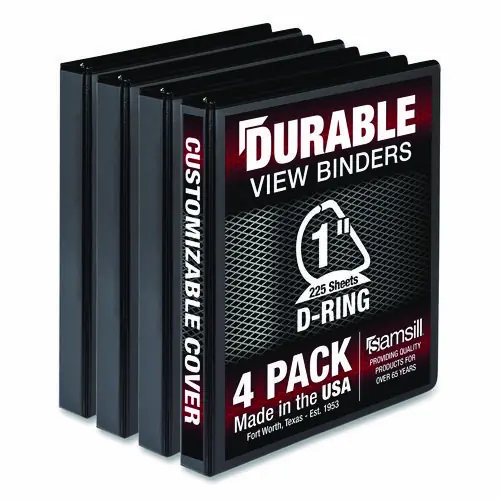 Samsill® Durable D-Ring View Binders, 3 Rings, 1" Capacity, 11.5" x 8.5", Black, 4/Pack