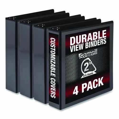 Samsill® Durable D-Ring View Binders, 3 Rings, 2" Capacity, 11.5" x 8.5", Black, 4/Pack