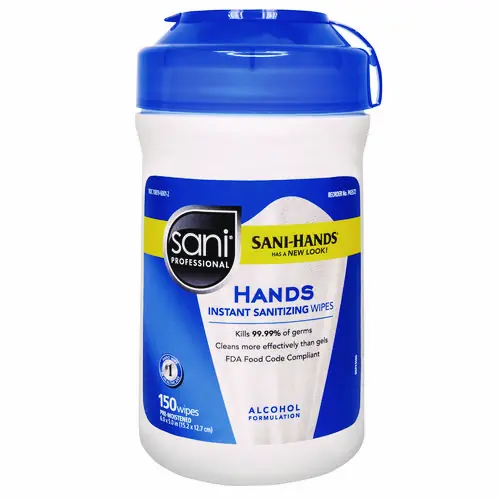 Sani Professional® Hands Instant Sanitizing Wipes, Unscented, 6" x 5", 150 Wipes/Canister, 12 Canisters/Carton
