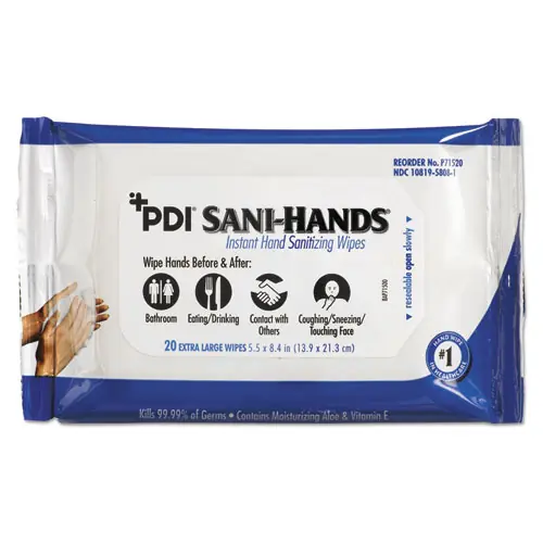 Sani Professional® PDI Sani-Hands Instant Hand Sanitizing Wipes, White, 20 Wipes/Pack, 48 Packs/Carton