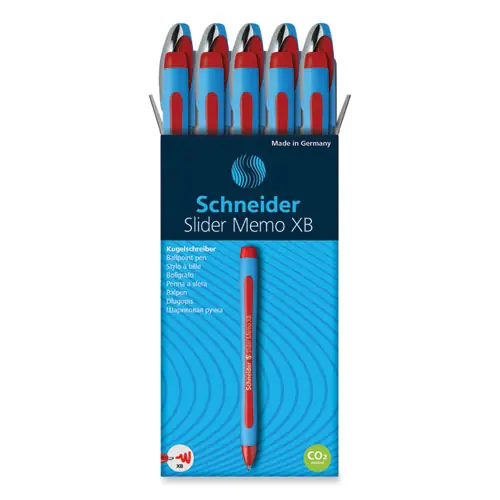 Schneider® Slider Memo XB Ballpoint Pen, Extra-Bold 1.4 mm, Red Ink, Red/Light Blue Barrel, 10/Box