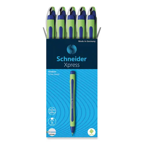 Schneider® Xpress Fineliner Porous Point Pen, Medium 0.8 mm, Blue Ink, Blue/Green Barrel, 10/Box