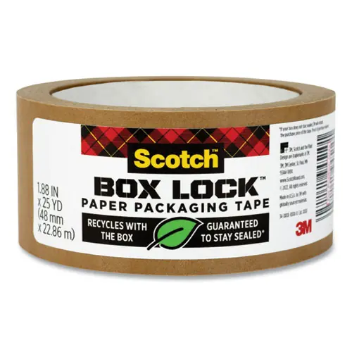 Scotch® Box Lock Paper Packaging Tape, Brown, 1.88" x 25 yds, 3" Core