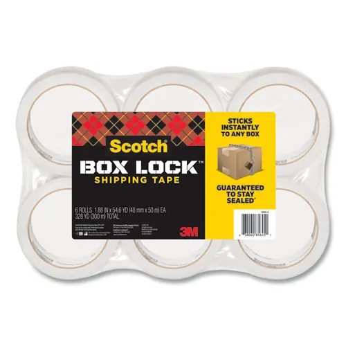 Scotch® Box Lock Shipping Packaging Tape, 3" Core, 1.88" x 54.6 yds, Clear, 6/Pack