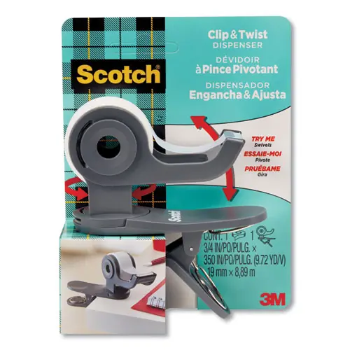 Scotch® Clip and Twist Desktop Tape Dispenser with Tape Roll, 1" Core, Plastic, Gray